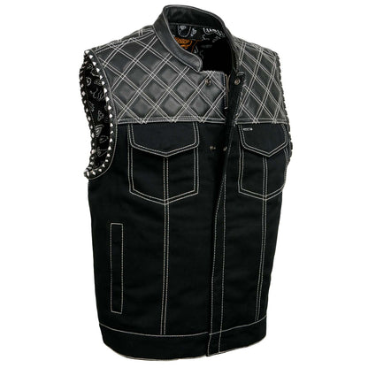 Milwaukee Leather MDM3035 Men’s Wrecker Club Vest – Black Denim & Leather, Diamond Quilt, White Stitch — image 1