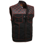 Milwaukee Leather MDM3036 Men’s Wrecker Club Vest – Black Denim & Leather, Diamond Quilt, Red Stitch — image 1