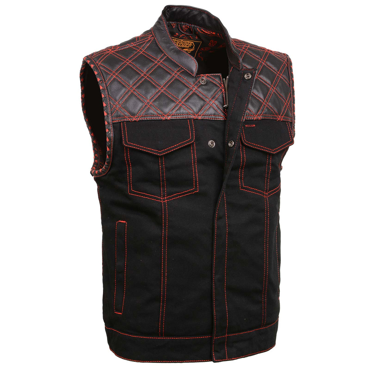 Milwaukee Leather MDM3036 Men’s Wrecker Club Vest – Black Denim & Leather, Diamond Quilt, Red Stitch — image 1