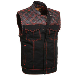 Milwaukee Leather MDM3036 Men’s Wrecker Club Vest – Black Denim & Leather, Diamond Quilt, Red Stitch — image 1