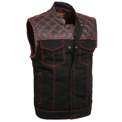 Milwaukee Leather MDM3036 Men’s Wrecker Club Vest – Black Denim & Leather, Diamond Quilt, Red Stitch — image 1