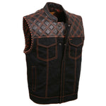 Milwaukee Leather MDM3037 Men’s Wrecker Club Vest – Black Denim & Leather, Diamond Quilt, Orange Stitch — image 1