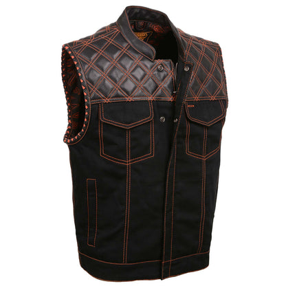 Milwaukee Leather MDM3037 Men’s Wrecker Club Vest – Black Denim & Leather, Diamond Quilt, Orange Stitch — image 1