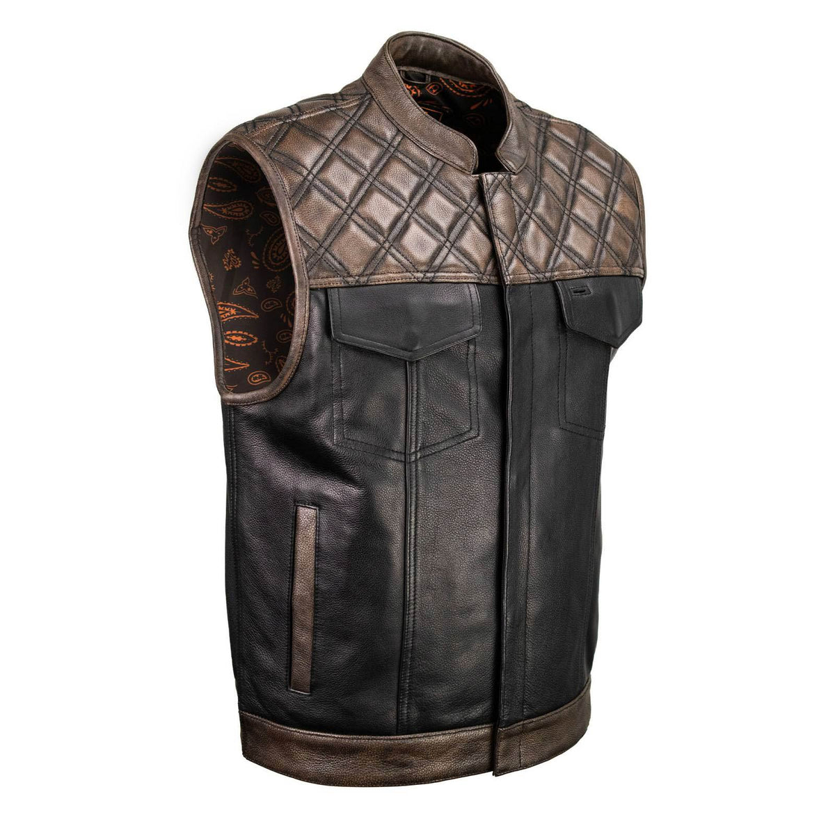 Milwaukee Leather MLM3529 Men's Black & Brown Paisley Lined Leather Vest w/ Accent Stitching & Armhole Trim — image 1