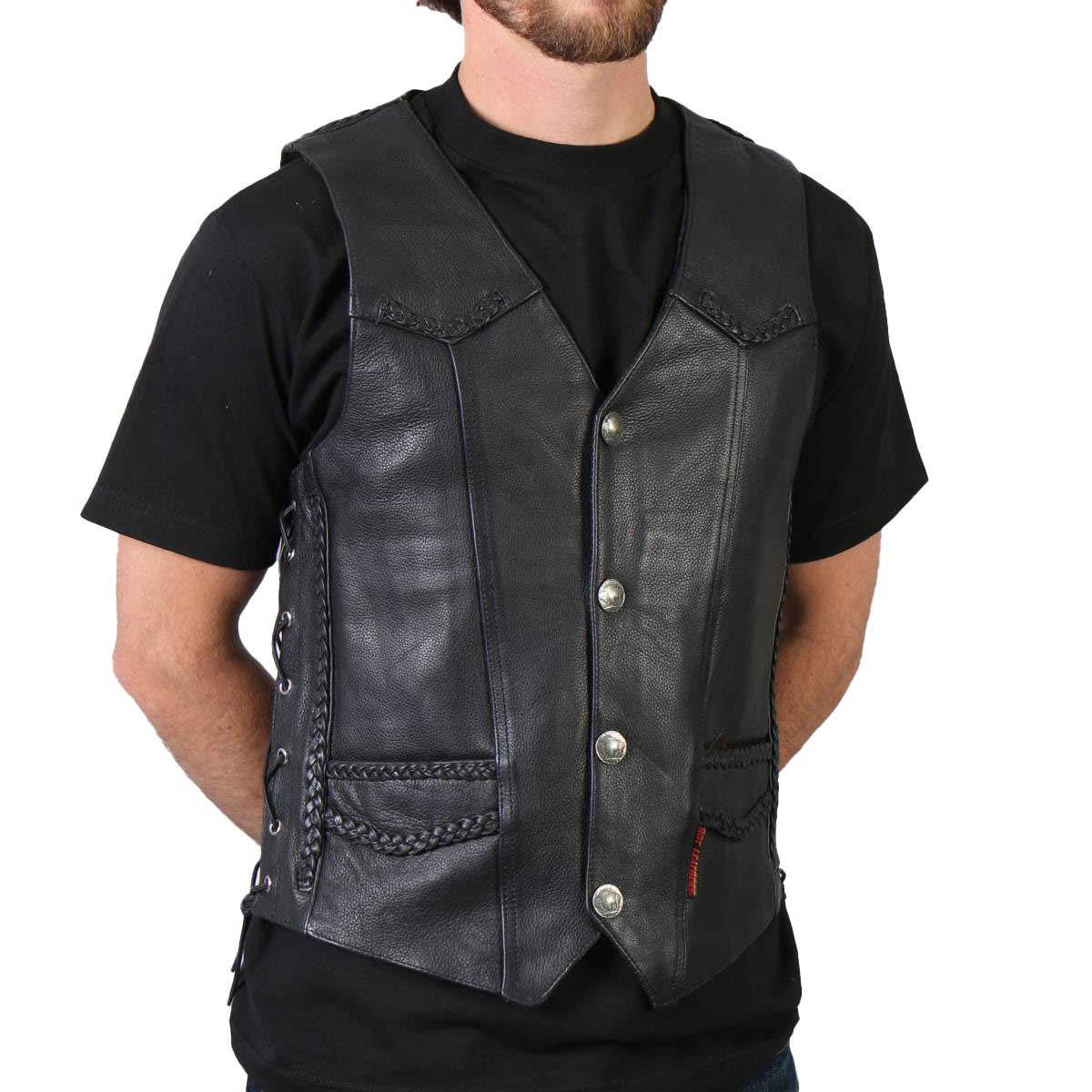 Hot Leathers VSM1008 Men's Black 'Buffalo Nickel Snap' Leather Vest — image 1