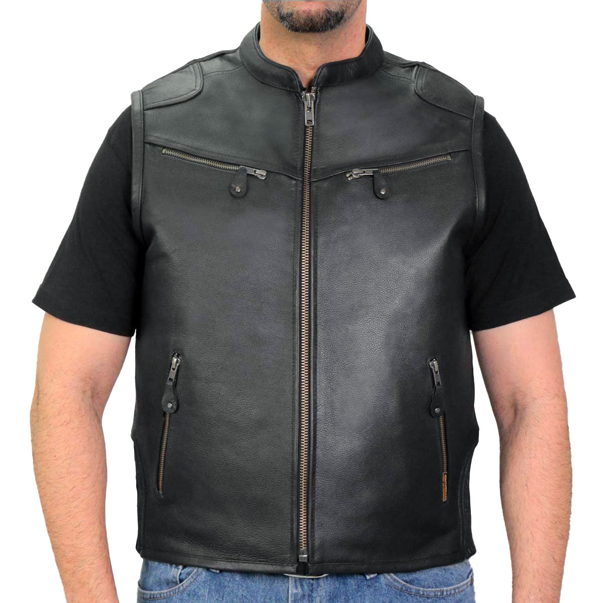 Hot Leathers VSM1037 Men's Black 'Zipper Pockets' Concealed and Carry Leather Vest — image 1
