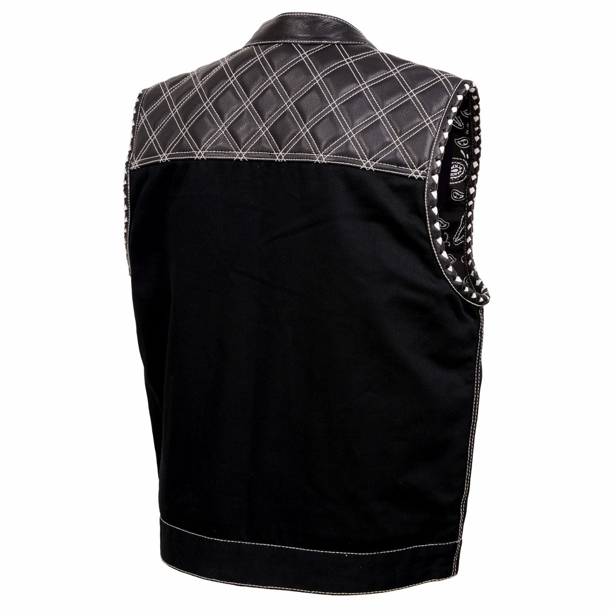 Milwaukee Leather MDM3035 Men’s Wrecker Club Vest – Black Denim & Leather, Diamond Quilt, White Stitch — image 10