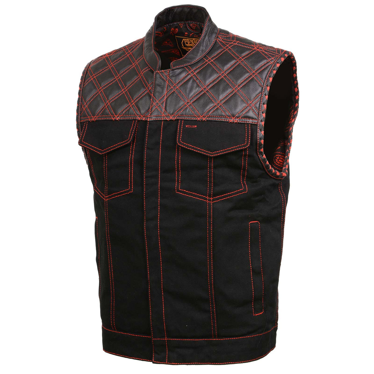 Milwaukee Leather MDM3036 Men’s Wrecker Club Vest – Black Denim & Leather, Diamond Quilt, Red Stitch — image 9