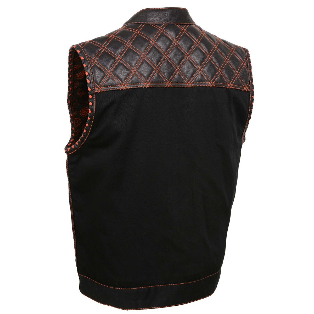 Milwaukee Leather MDM3037 Men’s Wrecker Club Vest – Black Denim & Leather, Diamond Quilt, Orange Stitch — image 9