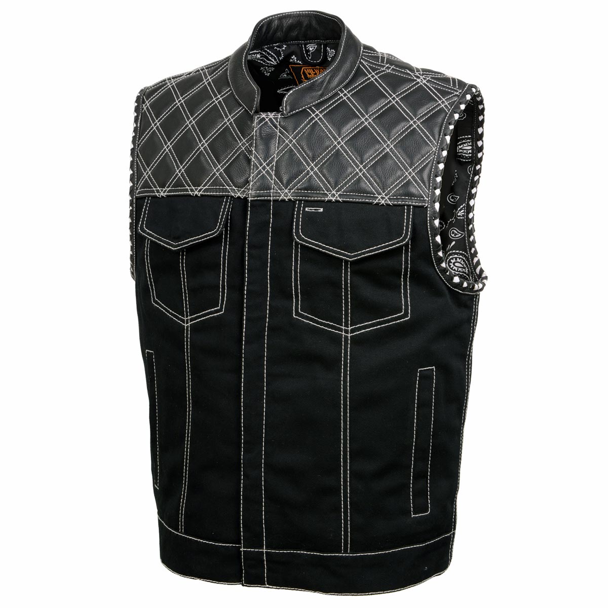 Milwaukee Leather MDM3035 Men’s Wrecker Club Vest – Black Denim & Leather, Diamond Quilt, White Stitch — image 11