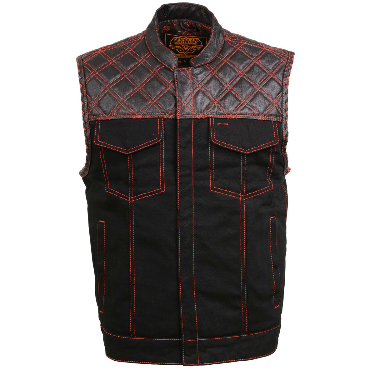 Milwaukee Leather MDM3036 Men’s Wrecker Club Vest – Black Denim & Leather, Diamond Quilt, Red Stitch — image 10