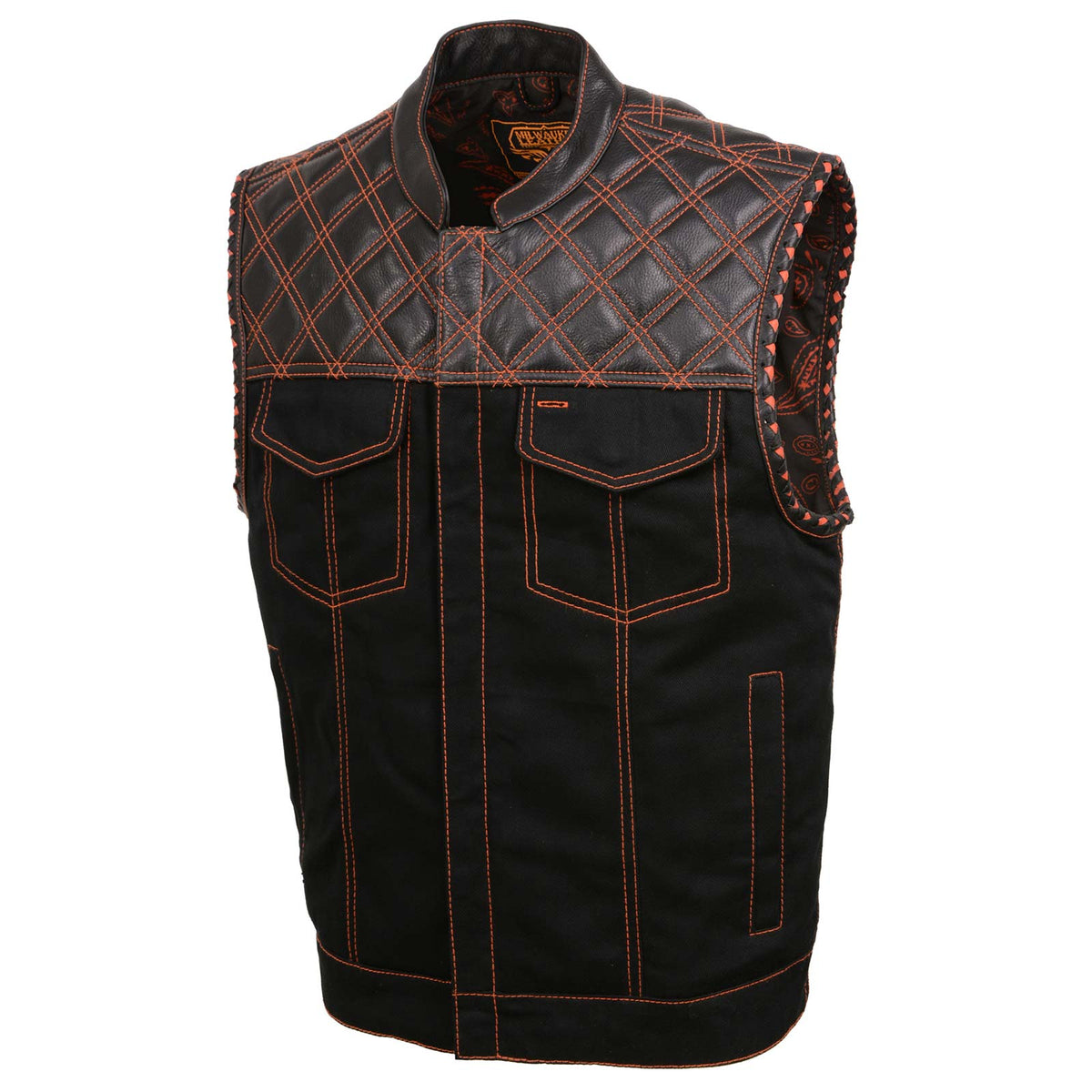 Milwaukee Leather MDM3037 Men’s Wrecker Club Vest – Black Denim & Leather, Diamond Quilt, Orange Stitch — image 10