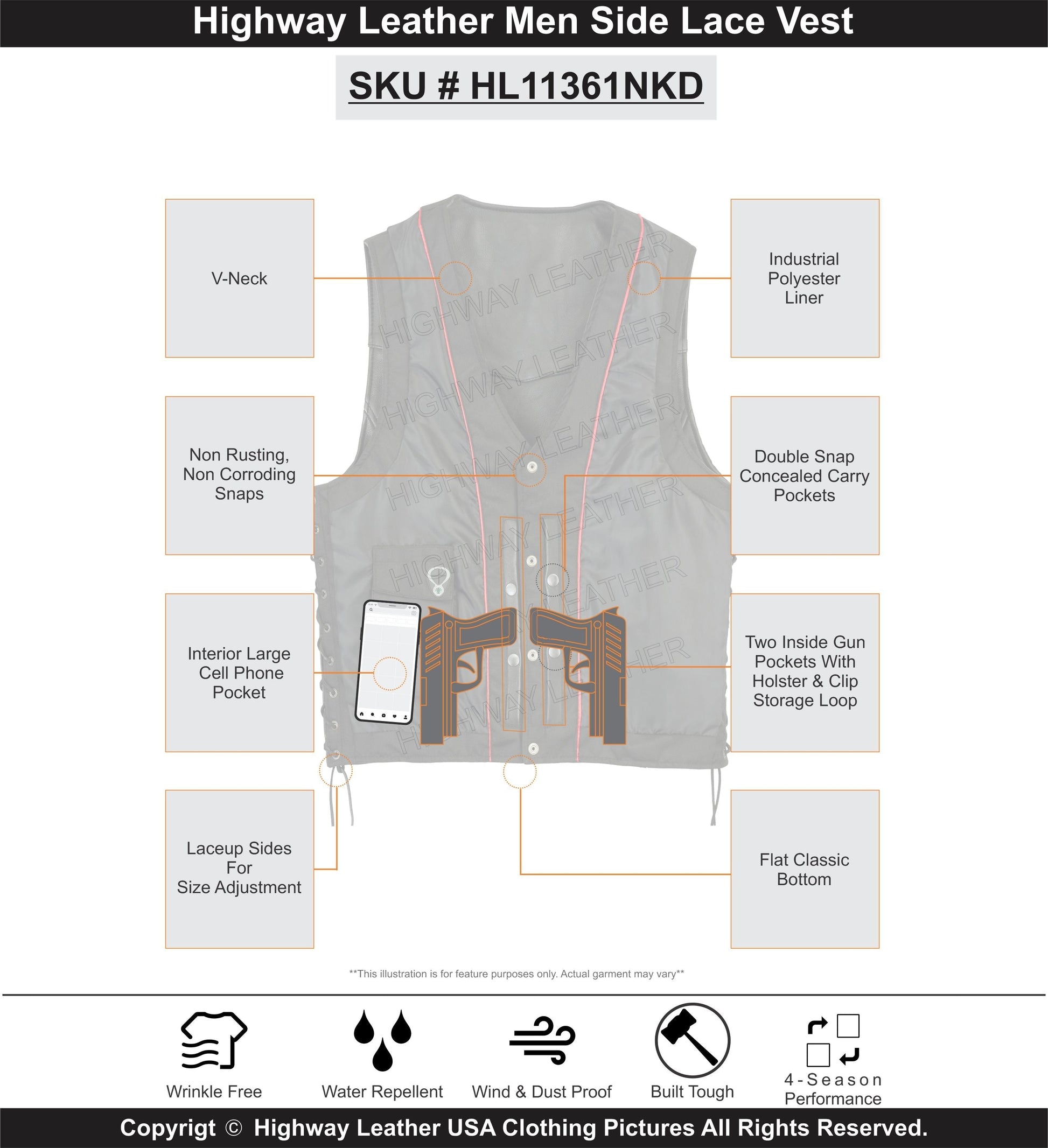 Straight bottom Gun pocket leather vest - HighwayLeather