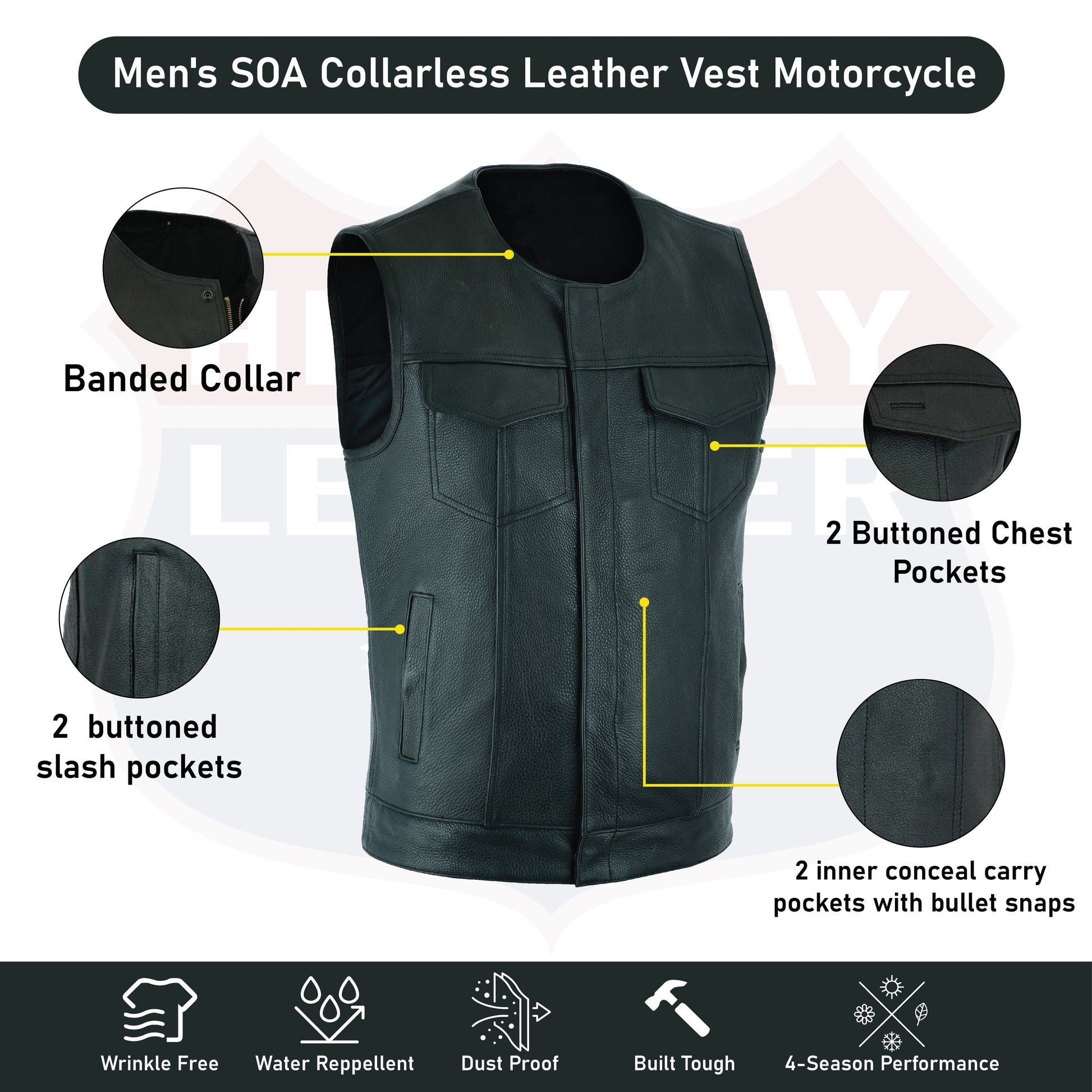 Highway Leather Tifton Motorcycle Vest, Gun pockets, SOA Club, Hardcore Biker Vest - HighwayLeather