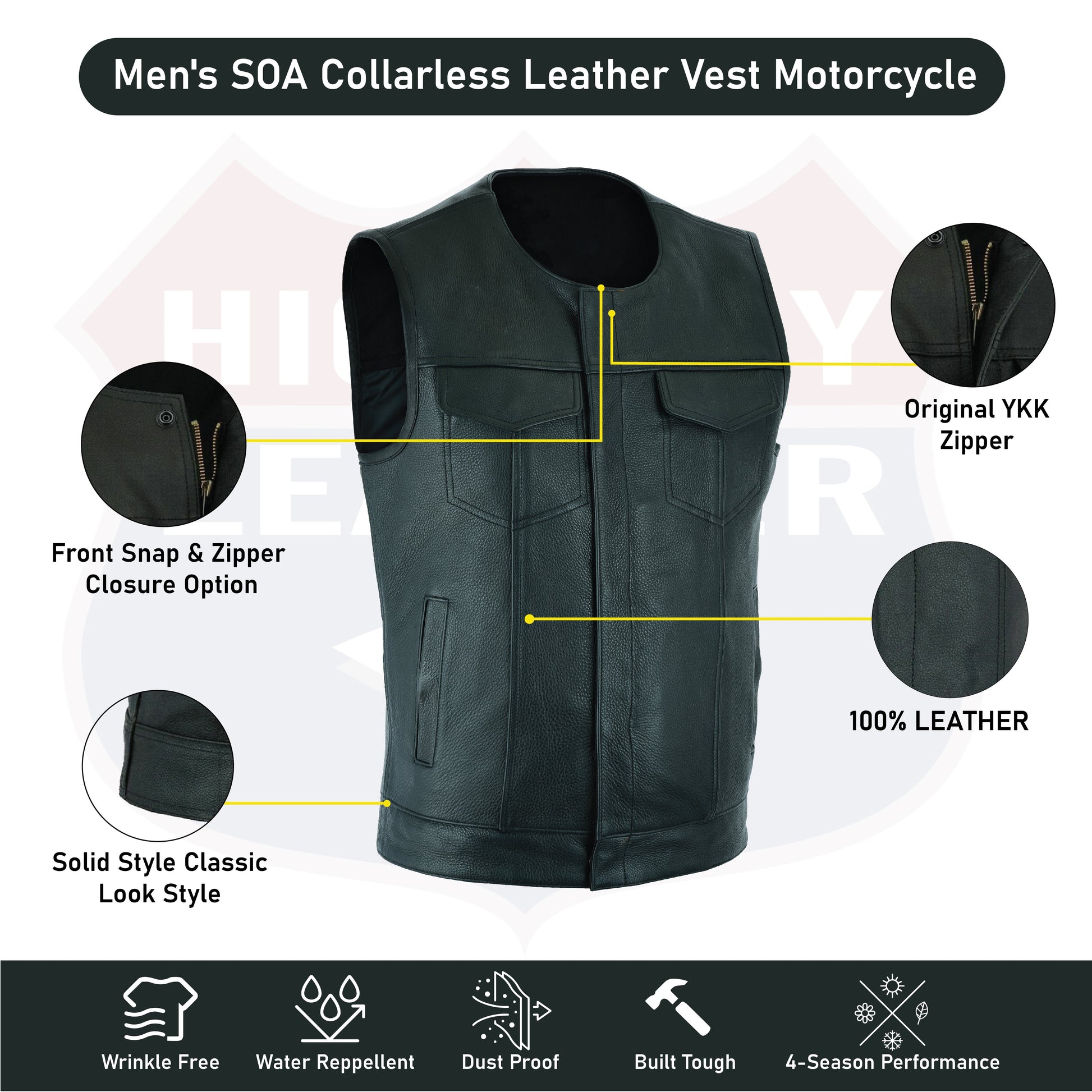 Highway Leather Tifton Motorcycle Vest, Gun pockets, SOA Club, Hardcore Biker Vest - HighwayLeather