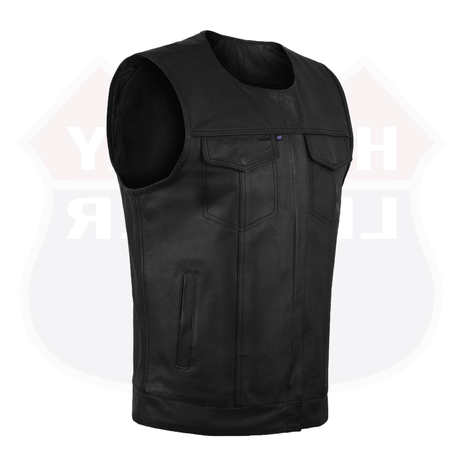 HL11639SPT Collarless Leather Vest Motorcycle Biker Club Concealed Carry Outlaws - HighwayLeather