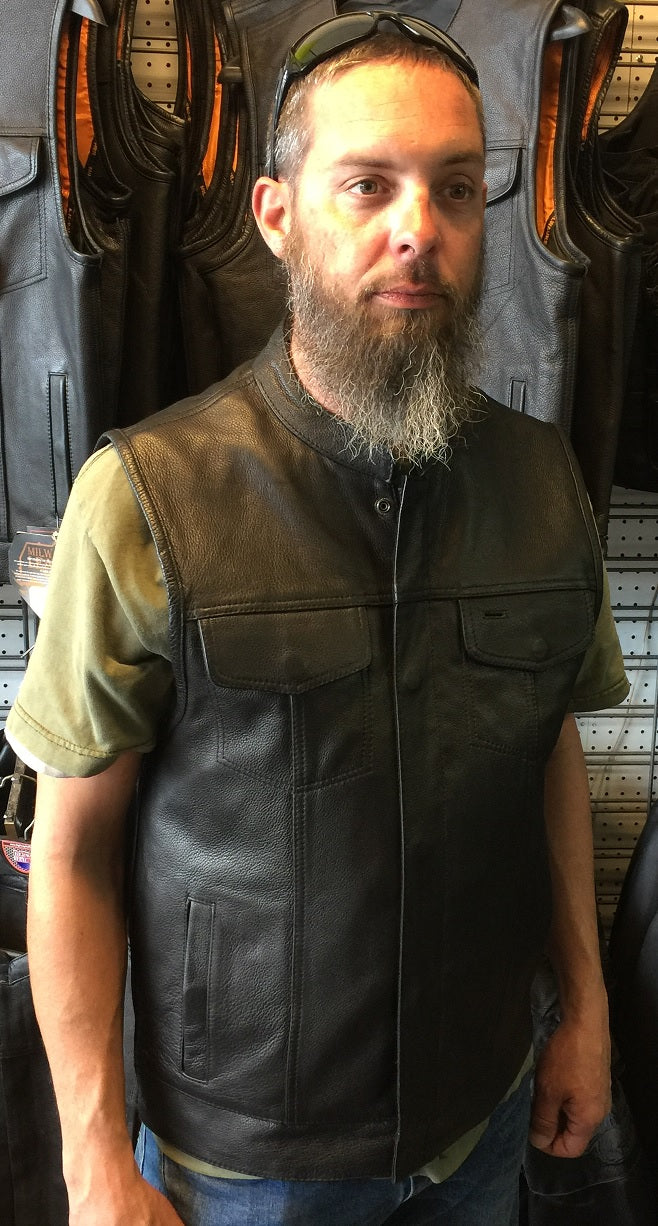 RUBSONS SOA Leather Motorcycle Vest With Two Interior Pistol Pockets