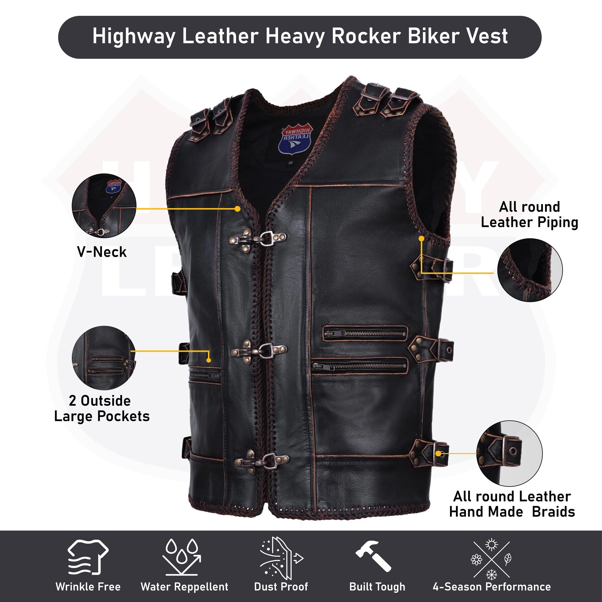 Mens Genuine Cow Leather Heavy Metal Zipper Buckled Rocker Braided Ves