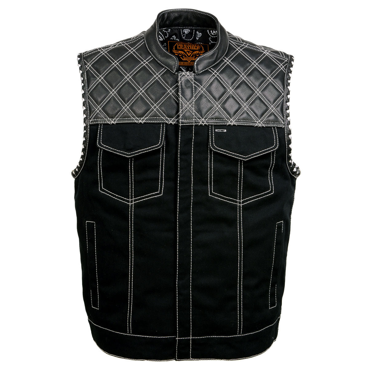 Milwaukee Leather MDM3035 Men’s Wrecker Club Vest – Black Denim & Leather, Diamond Quilt, White Stitch — image 12