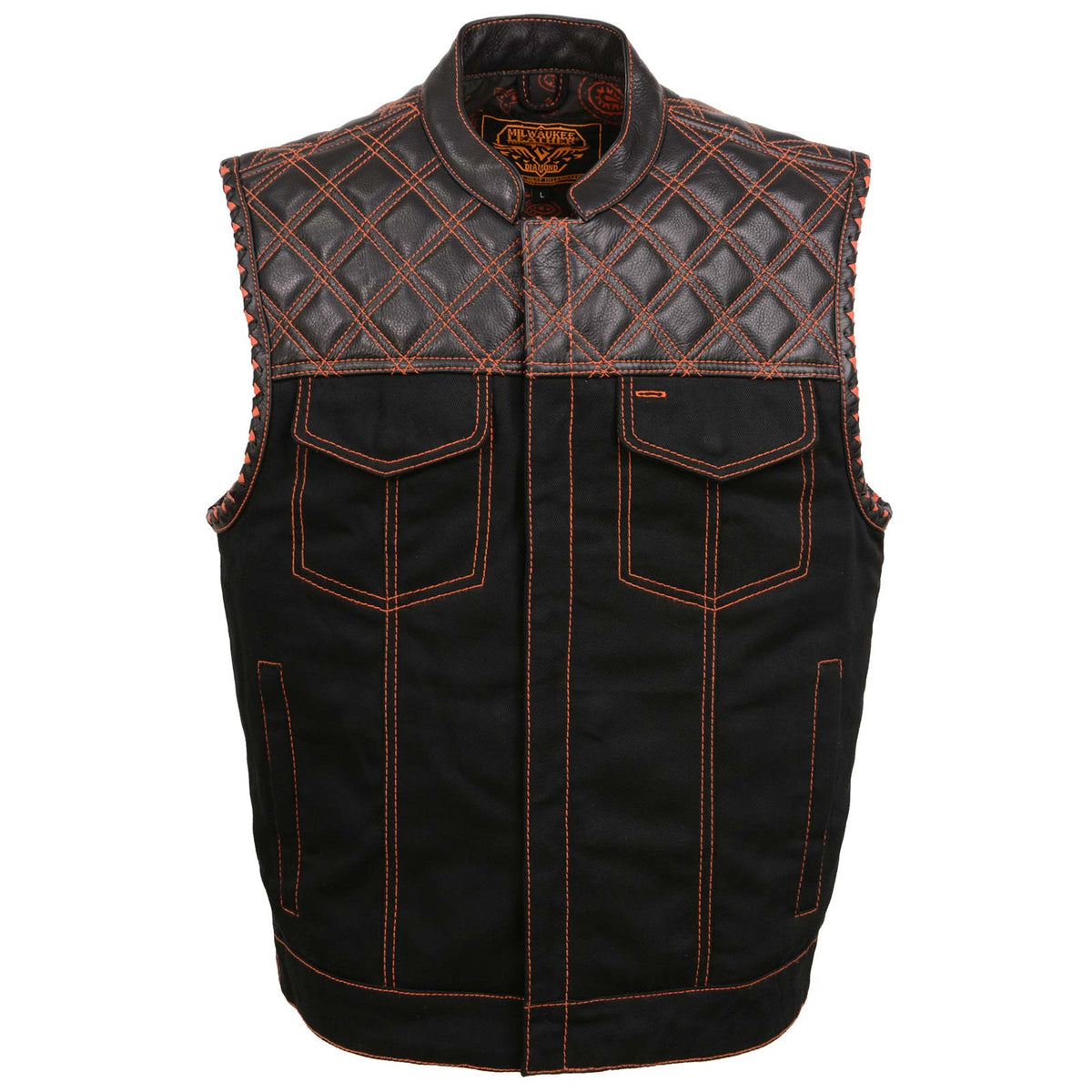 Milwaukee Leather MDM3037 Men’s Wrecker Club Vest – Black Denim & Leather, Diamond Quilt, Orange Stitch — image 11