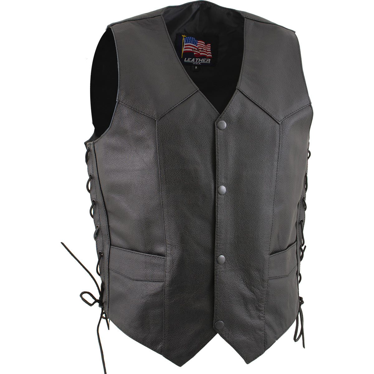 USA Leather 1202 Men's Classic ‘Side Laced’ Black Leather 4 Button Western Style Motorcycle Vest — image 8