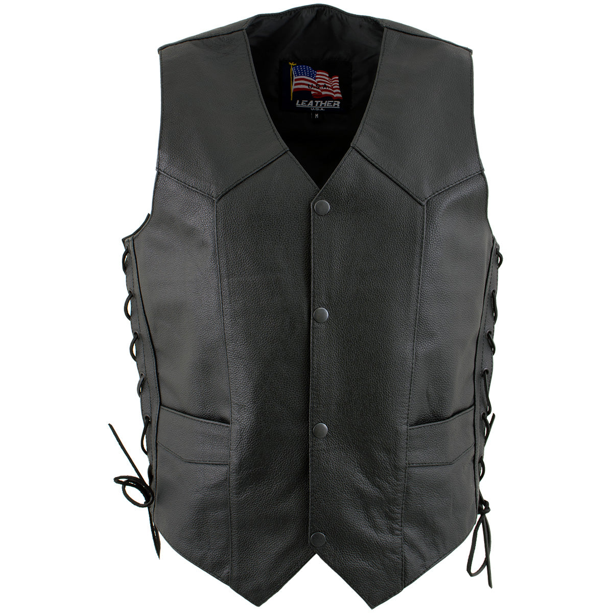 USA Leather 1202 Men's Classic ‘Side Laced’ Black Leather 4 Button Western Style Motorcycle Vest — image 1