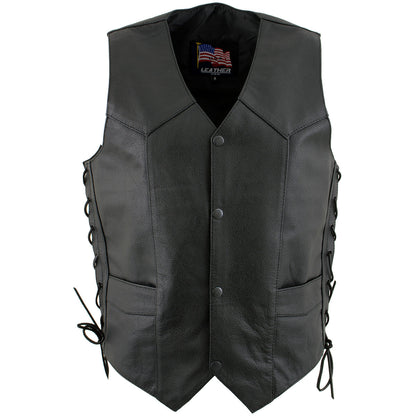 USA Leather 1202 Men's Classic ‘Side Laced’ Black Leather 4 Button Western Style Motorcycle Vest — image 1