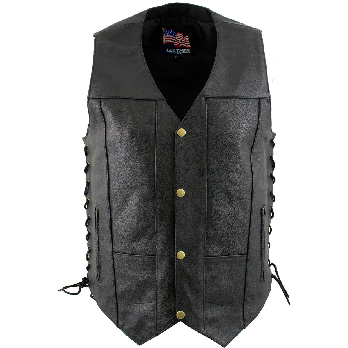 USA Leather 1204 Men's Black 'Dime' Classic Leather Ten Pocket Motorcycle Biker Vest with Side Laces — image 6