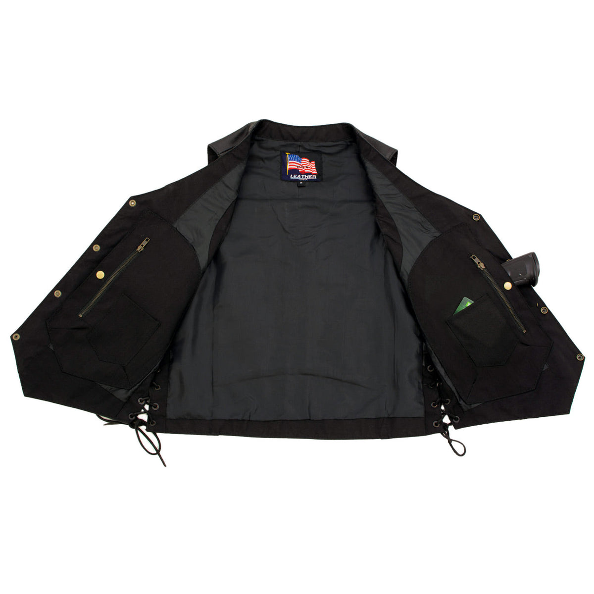 USA Leather 1204 Men's Black 'Dime' Classic Leather Ten Pocket Motorcycle Biker Vest with Side Laces — image 4
