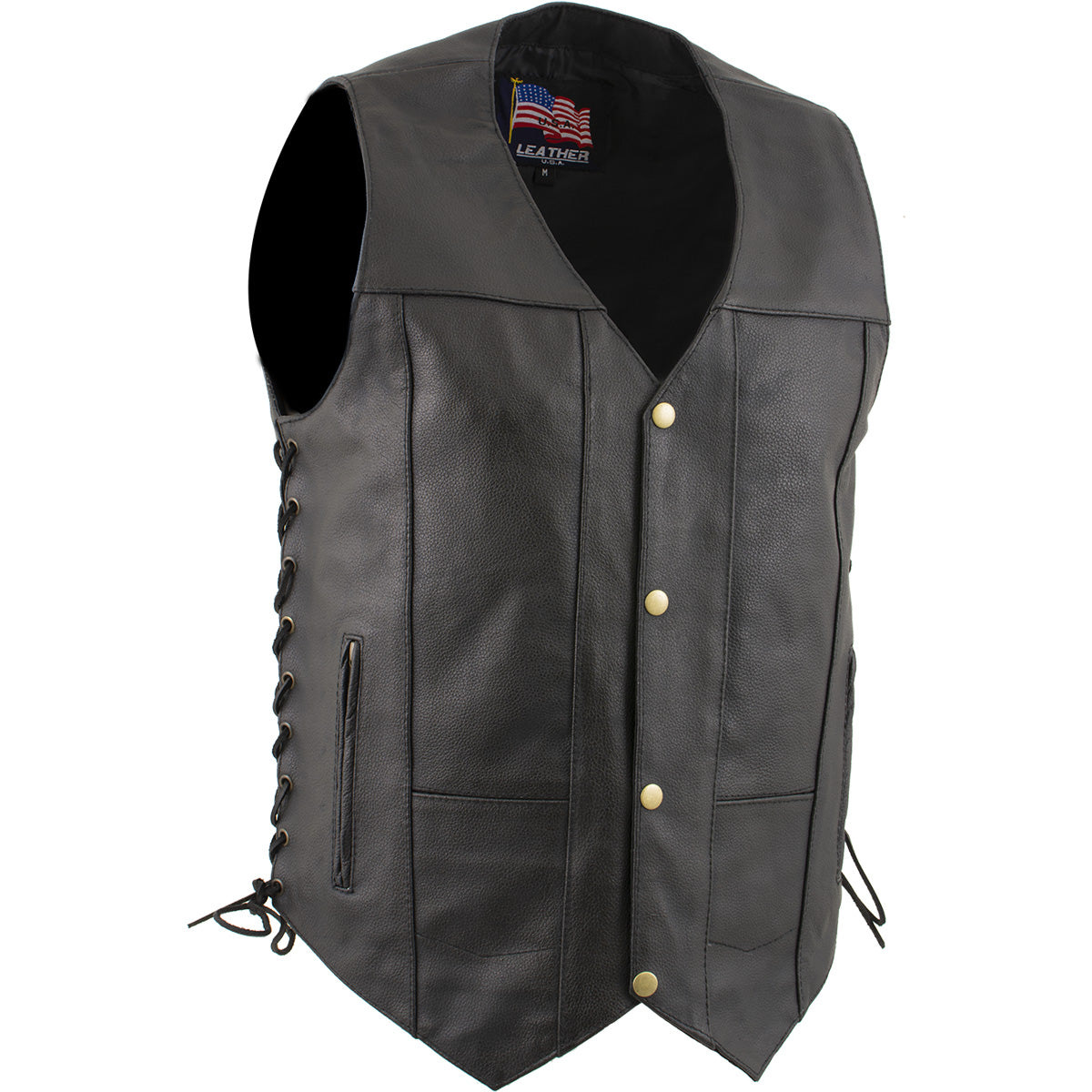 USA Leather 1204 Men's Black 'Dime' Classic Leather Ten Pocket Motorcycle Biker Vest with Side Laces — image 1