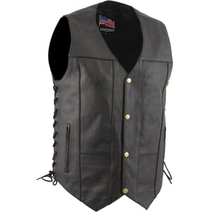 USA Leather 1204 Men's Black 'Dime' Classic Leather Ten Pocket Motorcycle Biker Vest with Side Laces — image 1