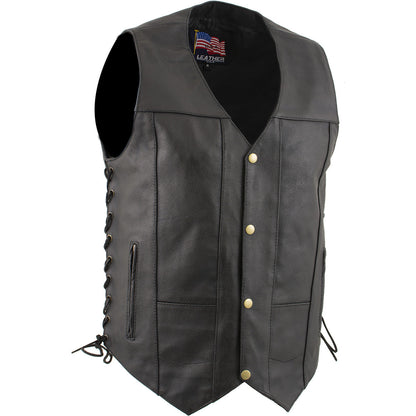 USA Leather 1204 Men's Black 'Dime' Classic Leather Ten Pocket Motorcycle Biker Vest with Side Laces — image 1