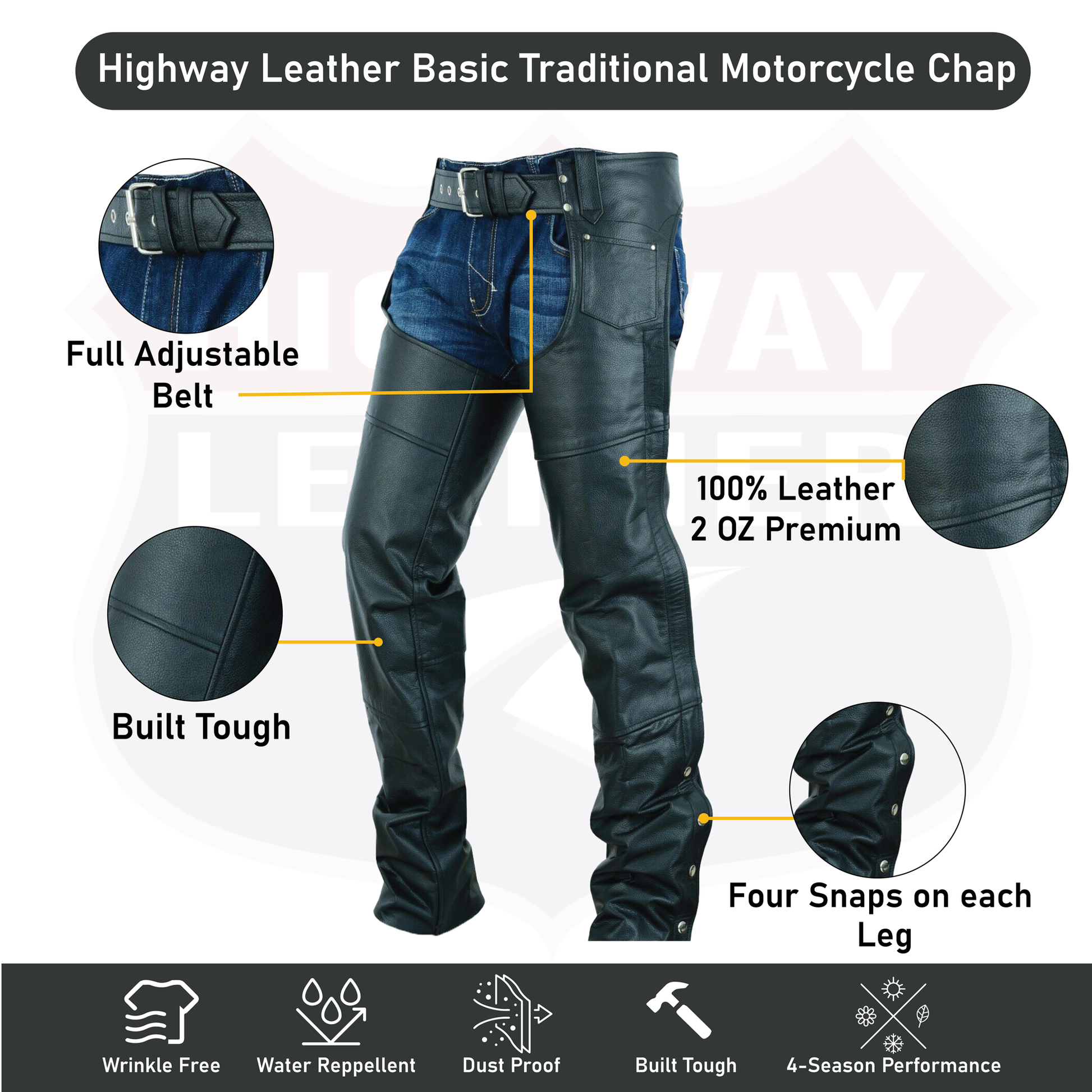 HL12800TALL - Tall Black Plain leather chap - Longer length - 4 inch extra long. - HighwayLeather