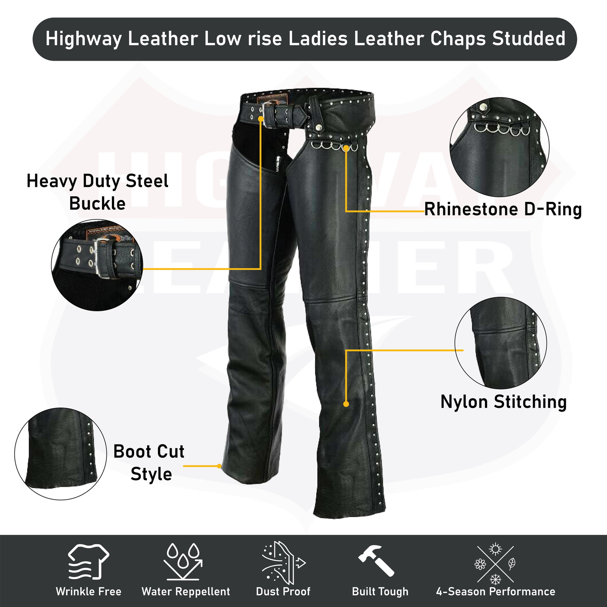 Hip Hugger Leather Chaps Stud Detailing Women Style - HighwayLeather