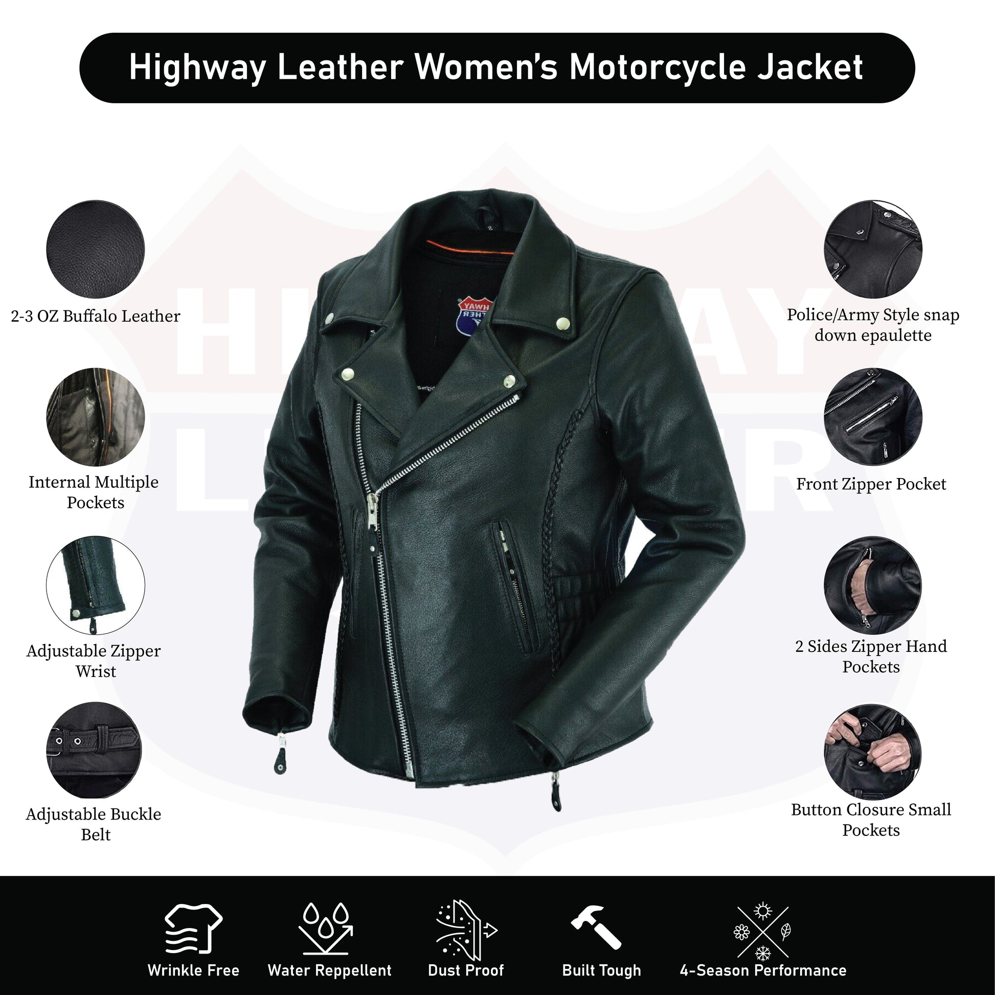 HL13103 Braided Women's Full Length Motorcycle Jacket with Side Stretch Gun Pocket - HighwayLeather