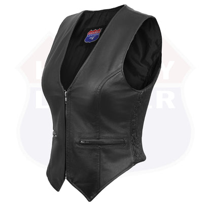 14535 -Women rib stretch zipper front leather vest