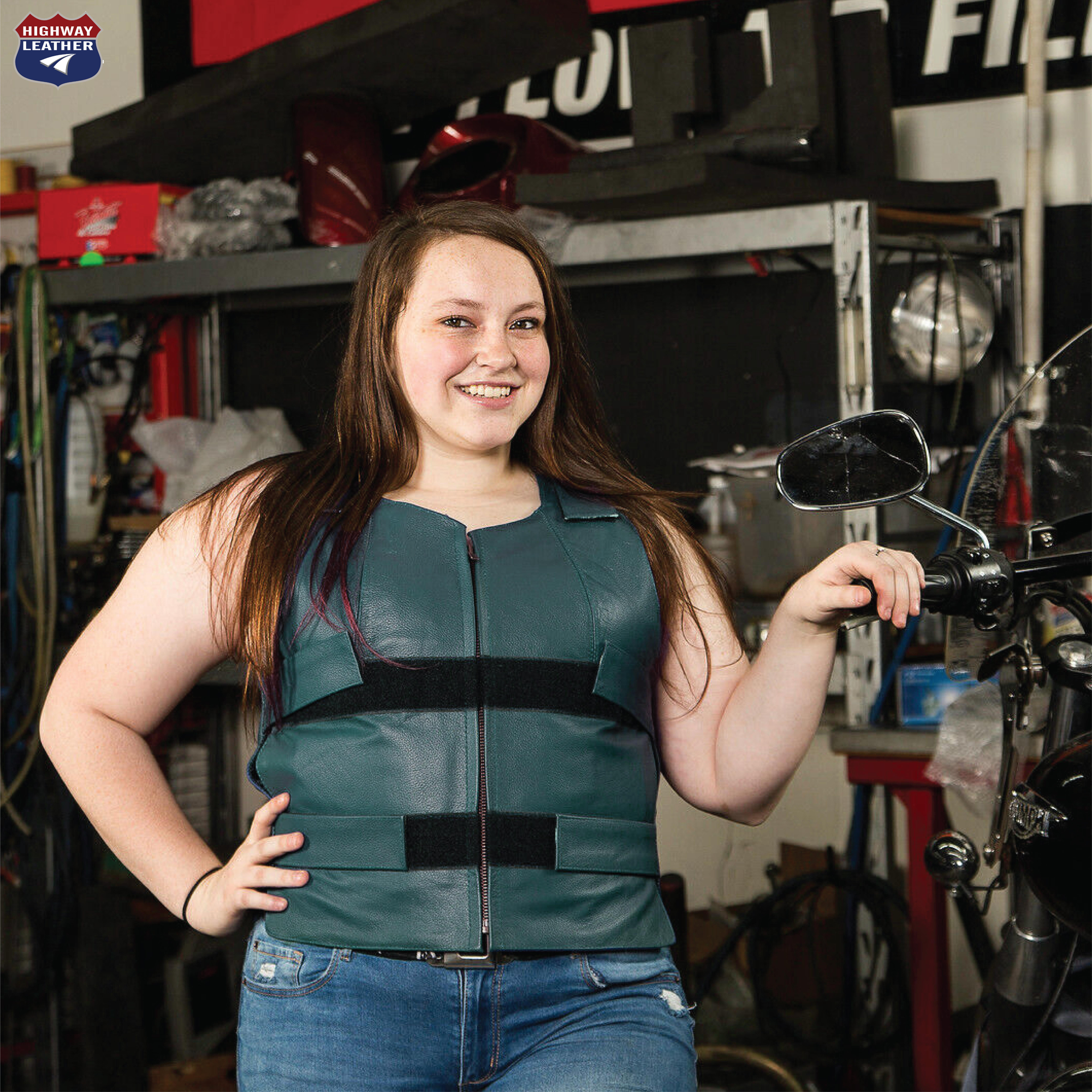 Emerald Green Women Bullet Proof style Leather Motorcycle Vest for SOA bikers Club #14945Hunter Green