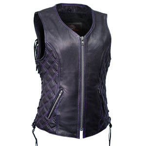 MMCC Women's Low Key Black Purple Leather Motorcycle Vest - MMC40006 - image 1