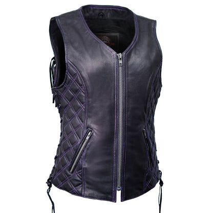 MMCC Women's Low Key Black Purple Leather Motorcycle Vest - MMC40006 - image 1