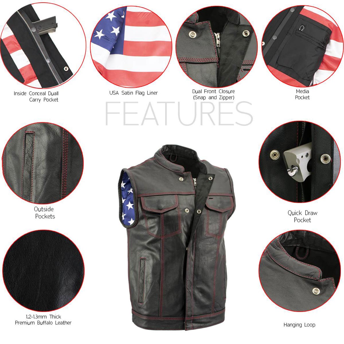 Milwaukee Leather LKM3780 Men's Black Premium Leather Motorcycle Rider Vest w/ Red Stitching and USA Inside Flag Lining — image 2