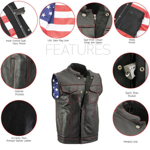 Milwaukee Leather LKM3780 Men's Black Premium Leather Motorcycle Rider Vest w/ Red Stitching and USA Inside Flag Lining — image 2