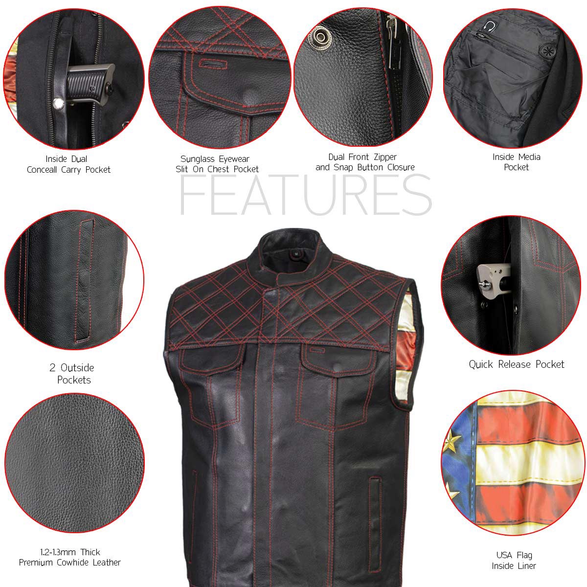 Milwaukee Leather LKM3782 Men's Classic Black Premium Leather Motorcycle Vest with USA Flag Liner — image 2