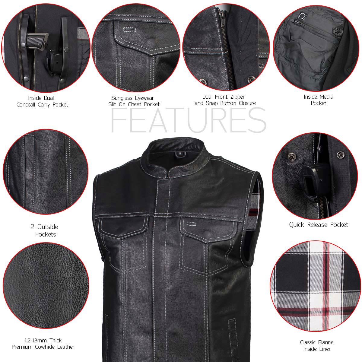 Milwaukee Leather LKM3783 Men's Classic Black Leather Motorcycle Vest with Inside Flannel Liner — image 2