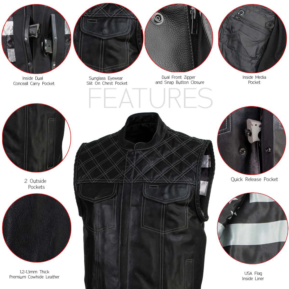 Milwaukee Leather LKM3784 Men's Classic Black Leather Motorcycle Rider Vest Stars and Stripes Design w/ USA Flag Liner — image 2
