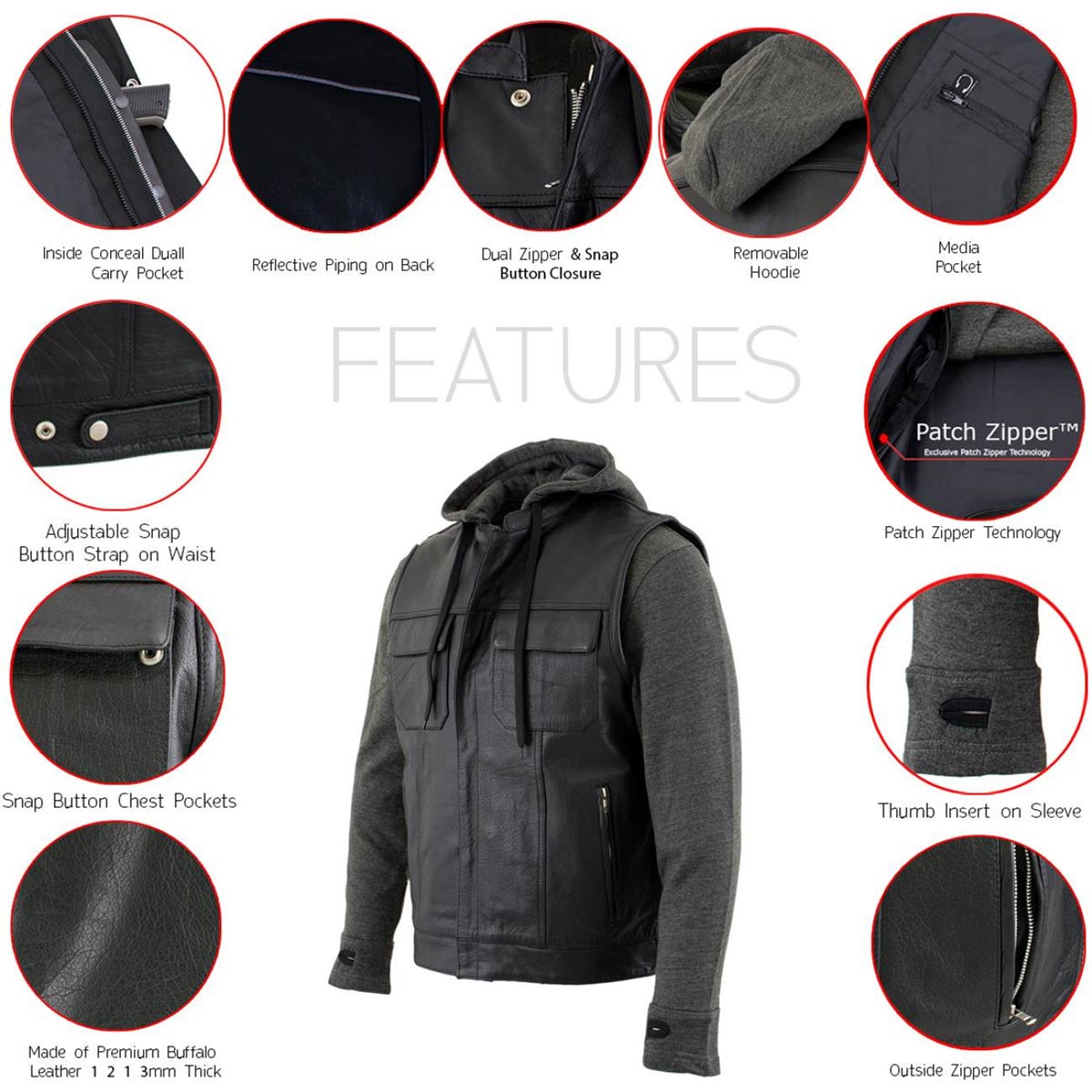 Milwaukee Leather LKM3785 Men's 2 in 1 Classic Black Premium Leather Motorcycle Hoodie Jacket w/ Convertible Vest — image 2