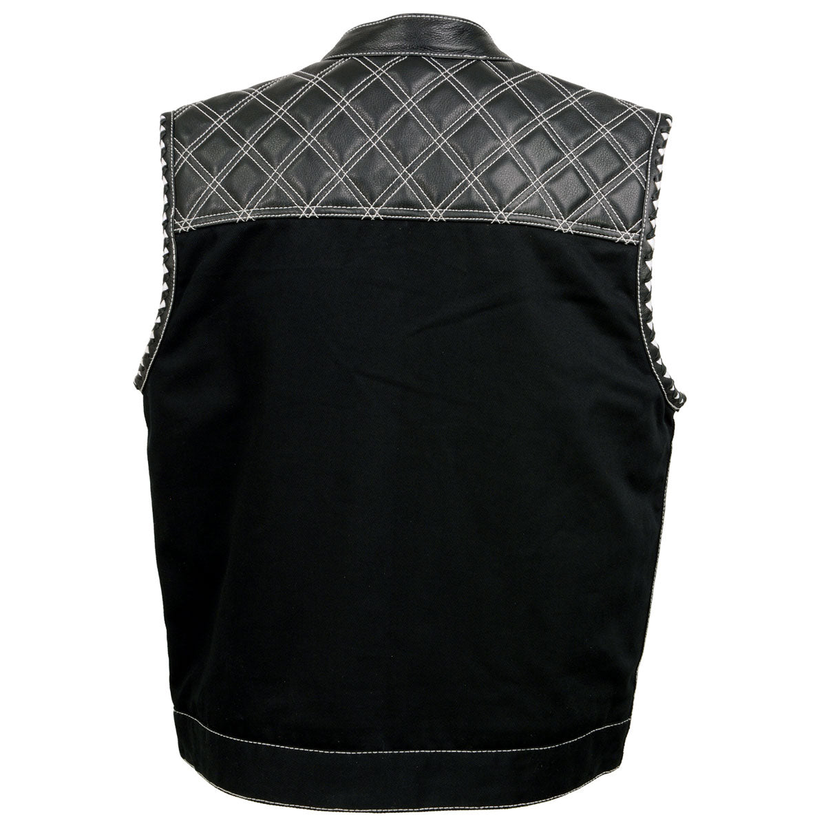 Milwaukee Leather MDM3035 Men’s Wrecker Club Vest – Black Denim & Leather, Diamond Quilt, White Stitch — image 13