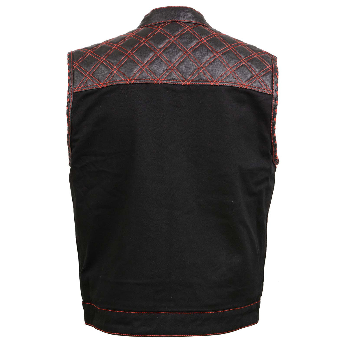 Milwaukee Leather MDM3036 Men’s Wrecker Club Vest – Black Denim & Leather, Diamond Quilt, Red Stitch — image 12