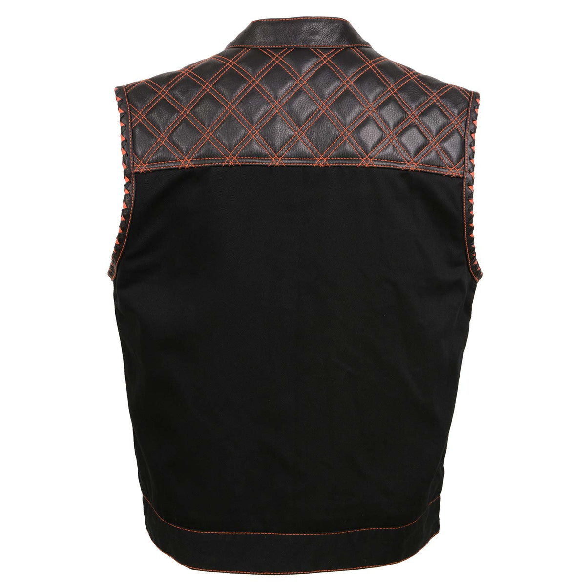 Milwaukee Leather MDM3037 Men’s Wrecker Club Vest – Black Denim & Leather, Diamond Quilt, Orange Stitch — image 12
