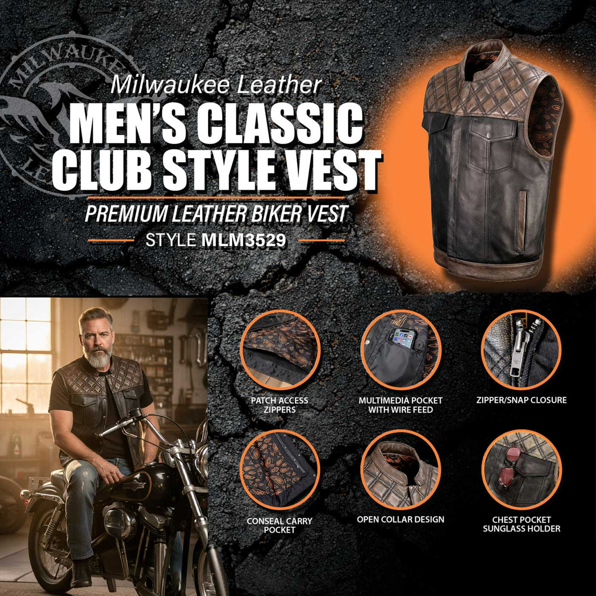 Milwaukee Leather MLM3529 Men's Black & Brown Paisley Lined Leather Vest w/ Accent Stitching & Armhole Trim — image 2