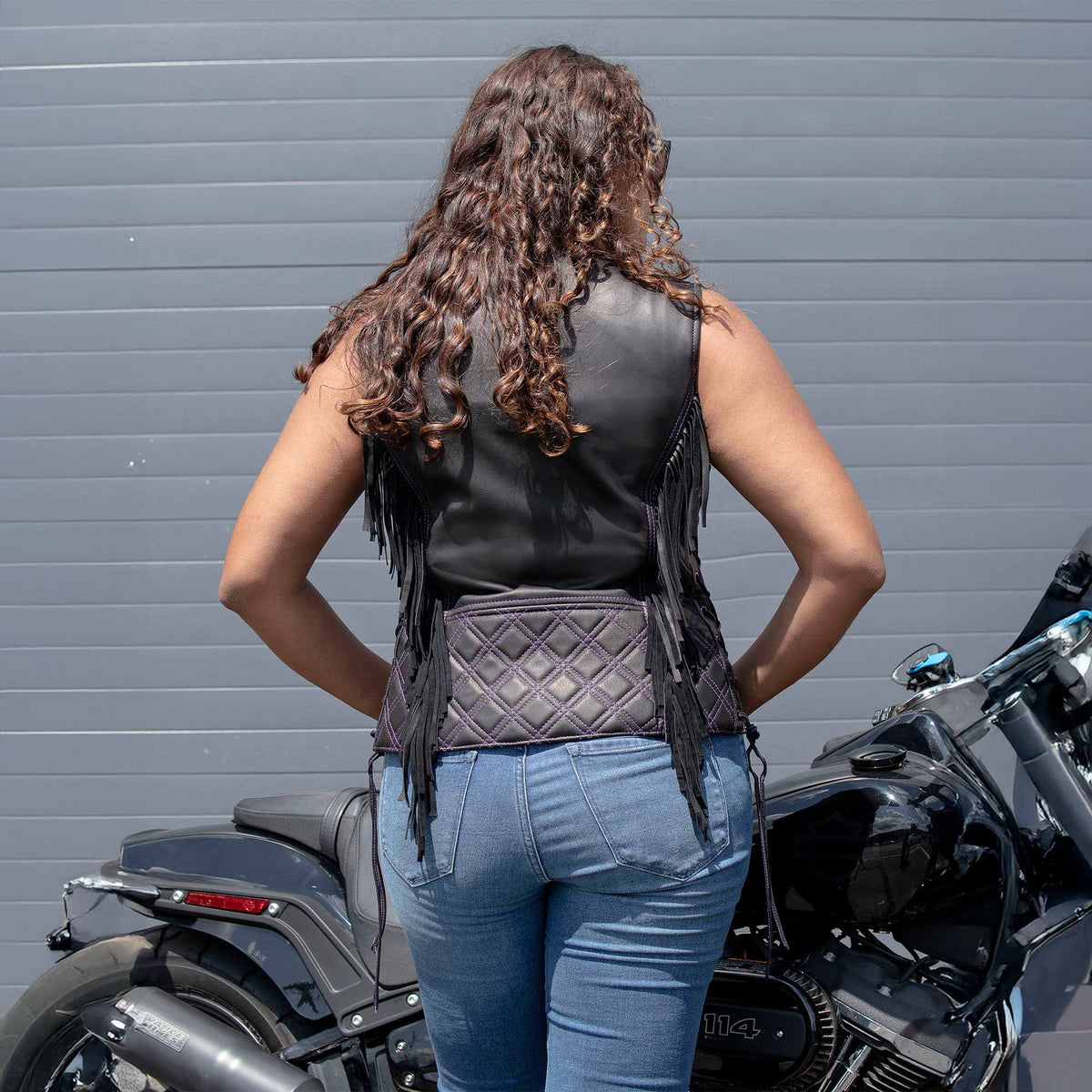 MMCC Women's Low Key Black Purple Leather Motorcycle Vest - MMC40006 - image 9